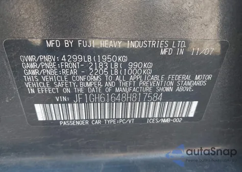 2008 Subaru Impreza 2.5I z USA, uszkodzony, nr VIN JF1GH61648H817584